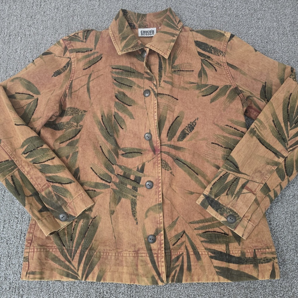 Vintage Chico's Beaded Leaf Print Jacket Size 1 Brown Embroidered Button Up Boho